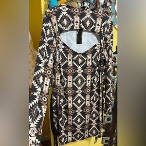 Lucky & Blessed Geometric Long Sleeve Dress - Black and Tan